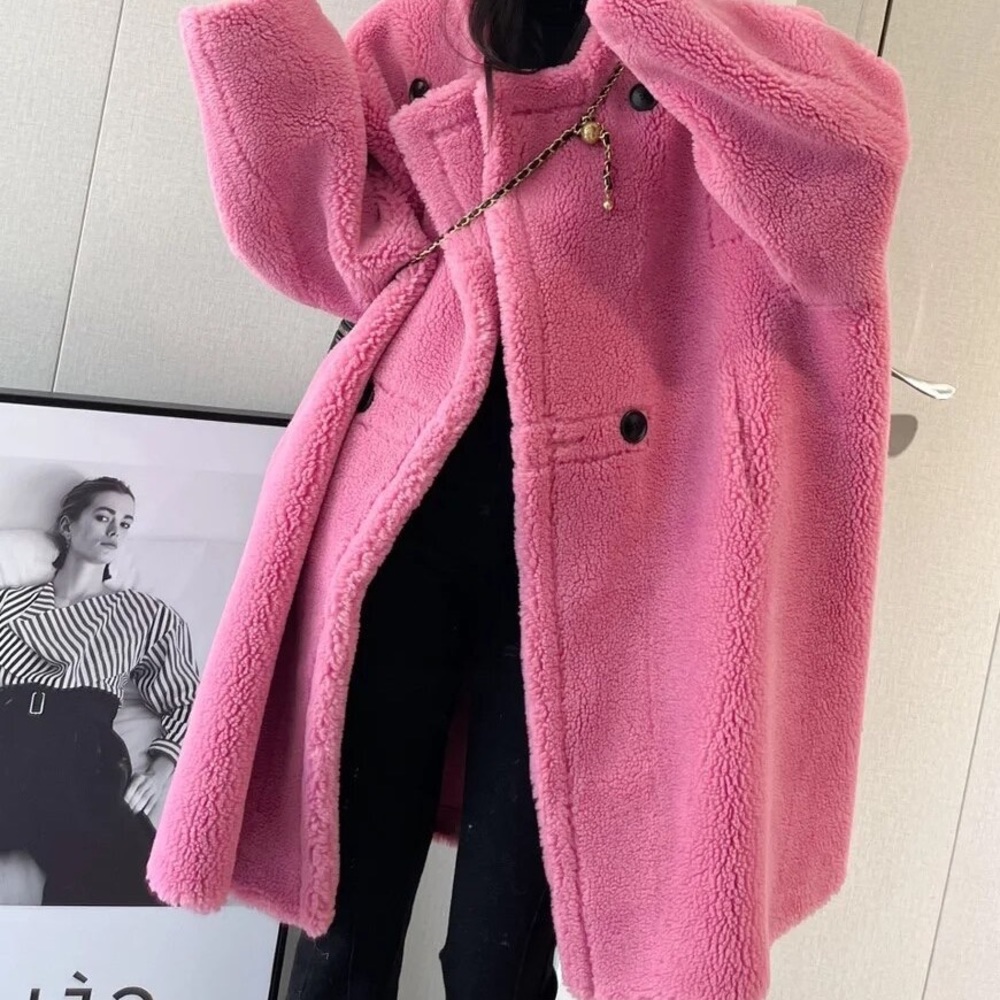 Pink Sherpa Plush Teddy Cozy Oversized Long Hood Coat